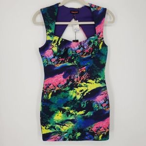 Vintage Y2K Nameless Abstract Print Mini Dress L Bodycon Cut Out Pink Purple NWT